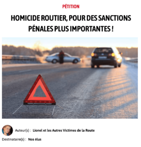 Affiche Pétition Homicide routier pour des sanctions pénales plus importantes
