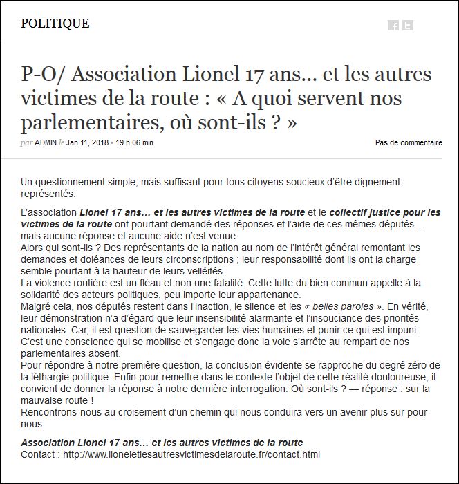 Article de presse Association "LIONEL 17 ans et les autres ... victimes de la route" : A quoi servent nos parlementaires, où en sont-ils ? Aide aux victimes et familles des accidentés de la route