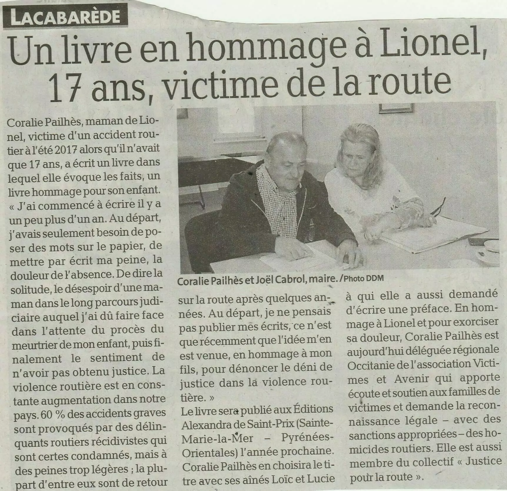 Article de presse Un livre en hommage à Lionel, 17 ans, victime de la route Aide aux victimes et familles des accidentés de la route