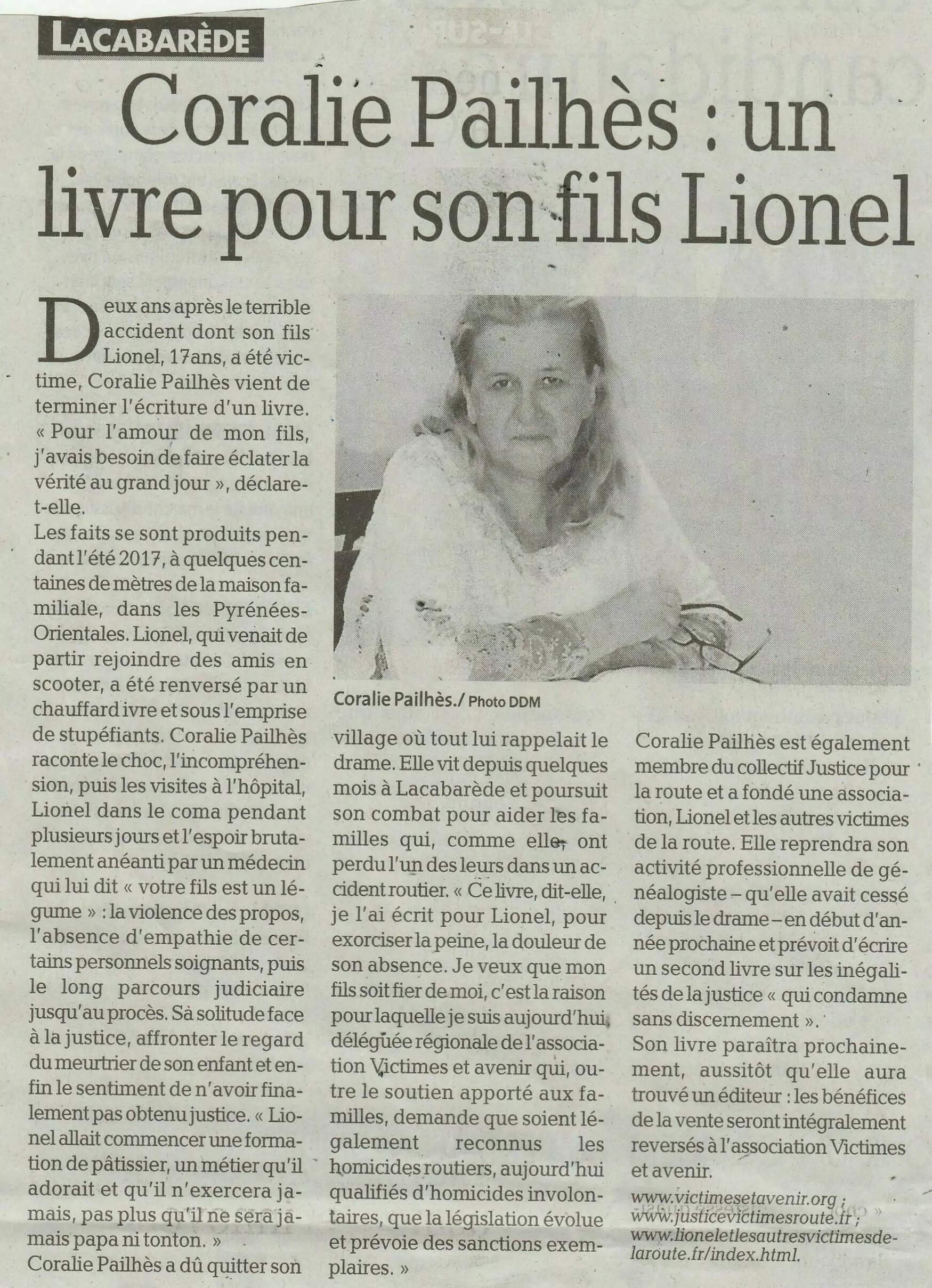 Article de presse Coralie Pailhès : Un livre pour son fils Lionel Aide aux victimes et familles des accidentés de la route