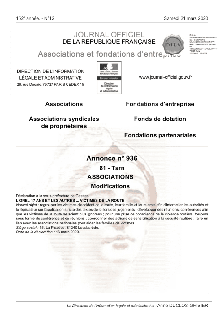 JO RF Associations Lionel 17 ans et les autres victimes de la route Modification Aide aux victimes et familles des accidentés de la route